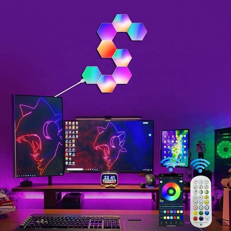 Multi-coloured Hexagon Light Panels Smart App Remote Control LED Wall Lights Music Sync RGB Gaming Lights for Gaming Setup