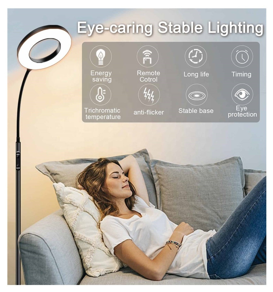 Eye Caring Reading Light with Remote and Touch Control Adjustable Gooseneck Black Reading Floor Lamp for Living Room Bedroom