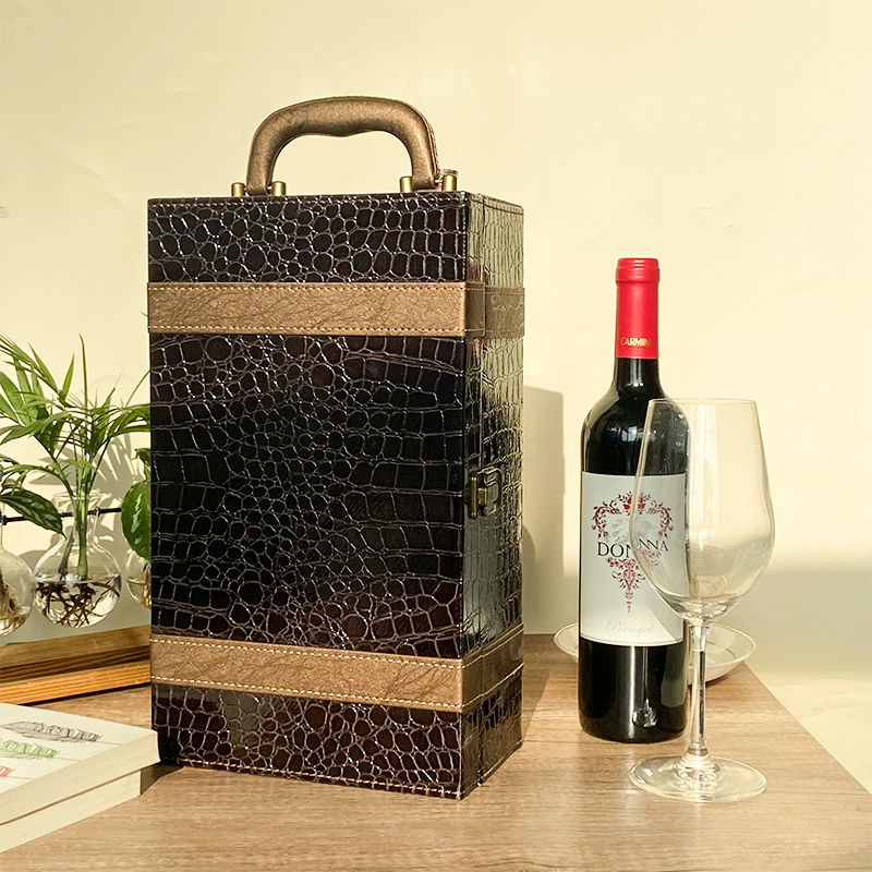 Newest Design Products 2 Bottle Leatherette Top Handle Included 4pcs Tools Pu Leather Double Bottle Wine Bottle Box