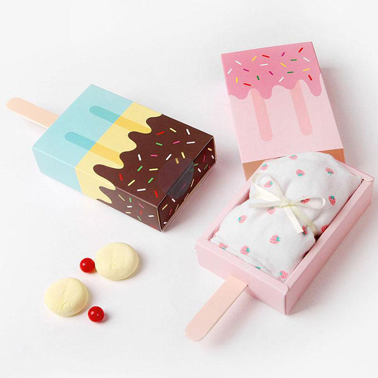 Recycle Custom Printing luxury 5pcs Pink Ice Cream Shape Cute Gift Candy Folding Paper Box  With Handle