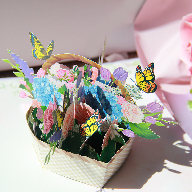 New Arrival Paper Flower Basket Butterfly Pop Up 3D Birthday Greeting Card for Mother's Day Valentine's Day With Envelope