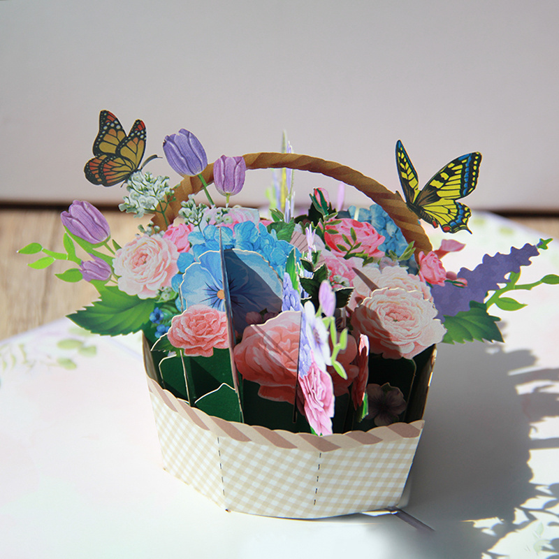 New Arrival Paper Flower Basket Butterfly Pop Up 3D Birthday Greeting Card for Mother's Day Valentine's Day With Envelope