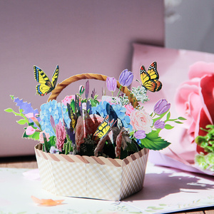 New Arrival Paper Flower Basket Butterfly Pop Up 3D Birthday Greeting Card for Mother's Day Valentine's Day With Envelope