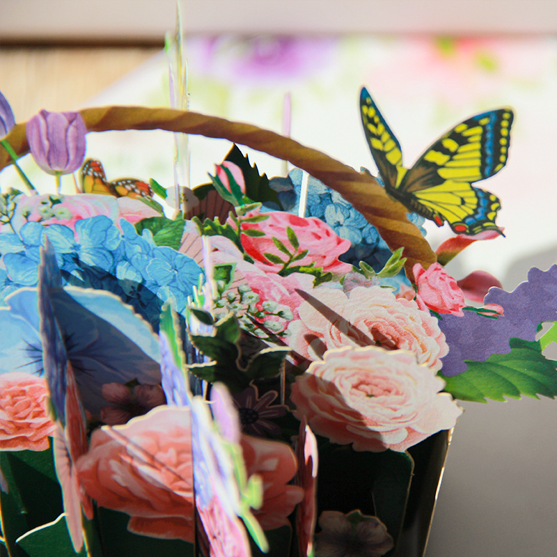 New Arrival Paper Flower Basket Butterfly Pop Up 3D Birthday Greeting Card for Mother's Day Valentine's Day With Envelope