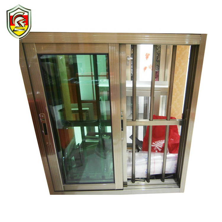 Double toughened glazed aluminium frame glass sliding window with decorative wrought iron window grill design