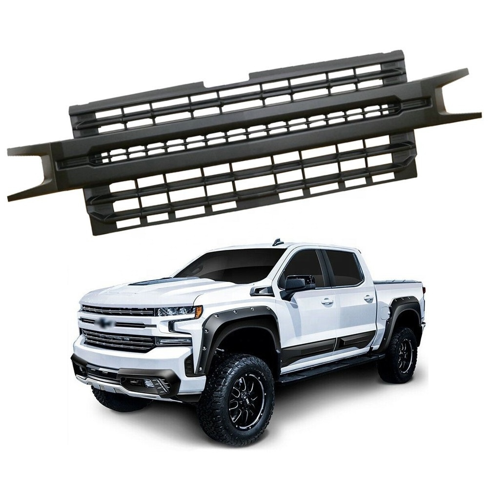 KSC AUTO Matte Black ABS Mesh Front Grille Custom Grill Fit For CHEVY SILVERADO 1500 2014-2015 with 3 Amber LED Lights