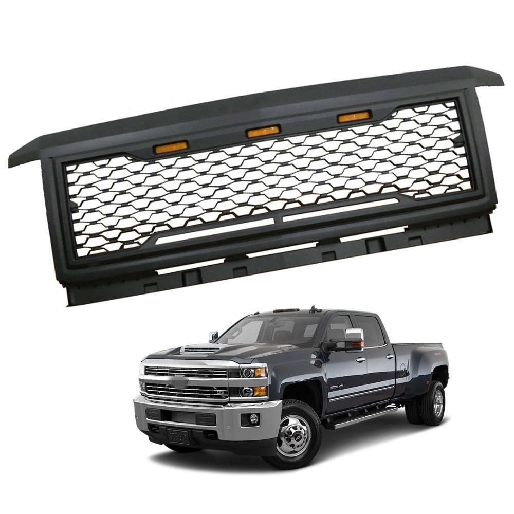 KSC AUTO Matte Black ABS Mesh Front Grille Custom Grill Fit For CHEVY SILVERADO 1500 2014-2015 with 3 Amber LED Lights