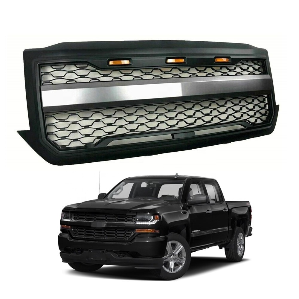 KSC AUTO Matte Black ABS Mesh Front Grille Custom Grill Fit For CHEVY SILVERADO 1500 2014-2015 with 3 Amber LED Lights