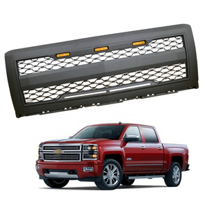 KSC AUTO Matte Black ABS Mesh Front Grille Custom Grill Fit For CHEVY SILVERADO 1500 2014-2015 with 3 Amber LED Lights