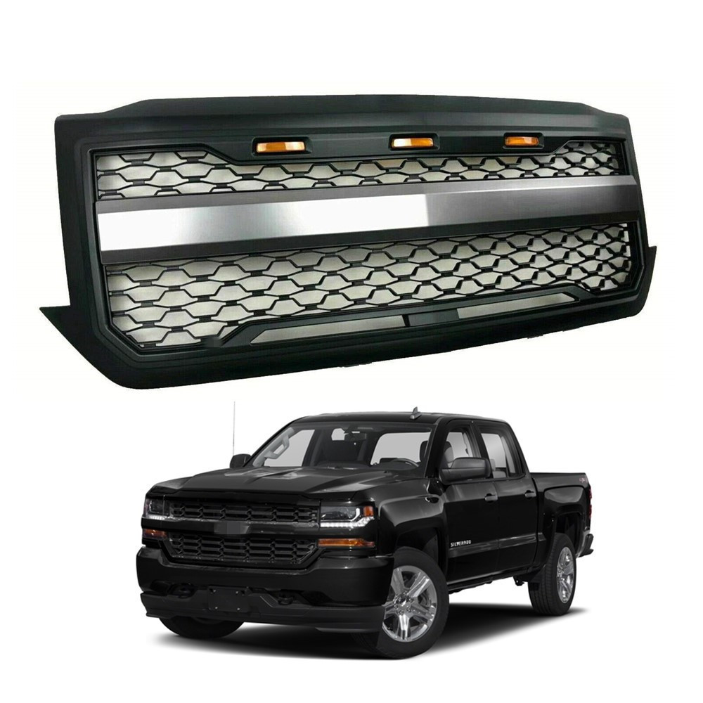 KSCPRO Replacement Upper ABS Grille Front Hood Grill with Amber LED Lights Fit For Chevy Silverado 1500 2019