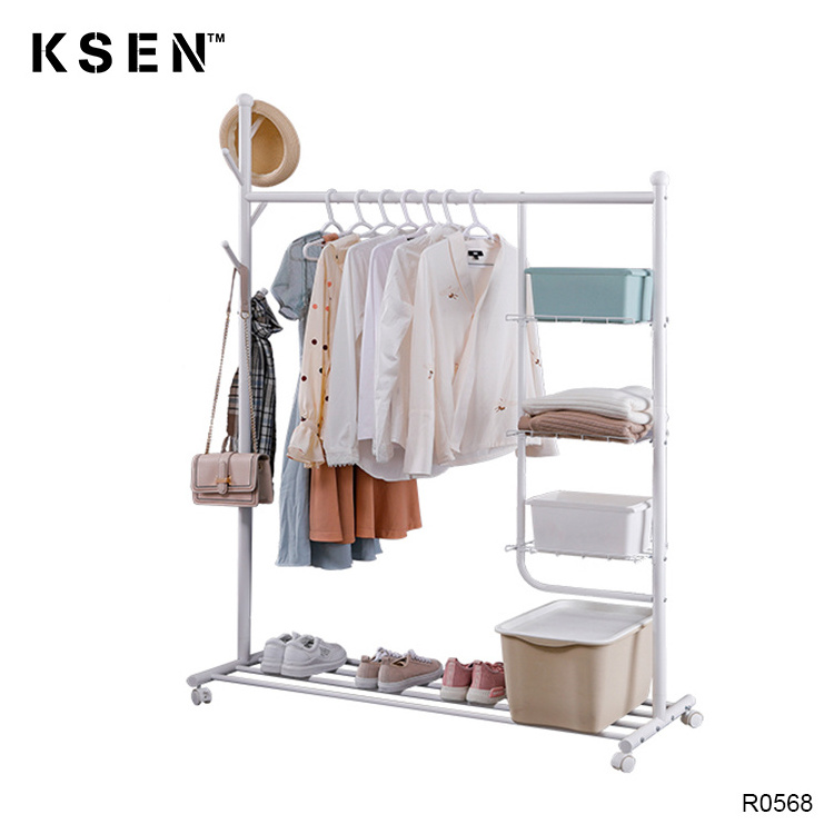 white iron standing portable coat rack with storage with wheels KC-R0568