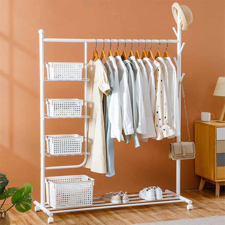 white iron standing portable coat rack with storage with wheels KC-R0568