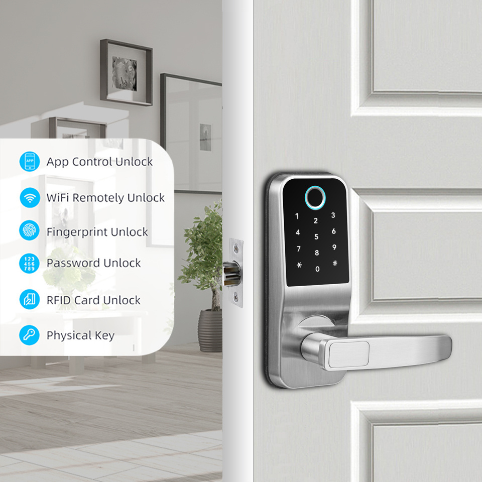 Waterproof Home Security Digital Door Lock Knobs with TTlock App Password NFC Card Biometric Fingerprint Keyless WiFi Smart Lock