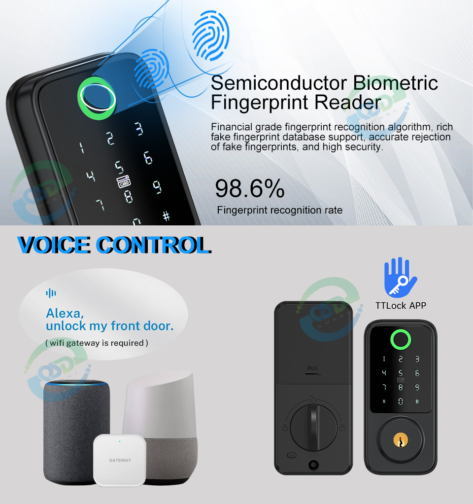 High Security Fingerprint Auto Deadbolt Lock TTlock Tuya APP Electric Bolt Digital NFC Password Keyless WiFi Smart Door Lock