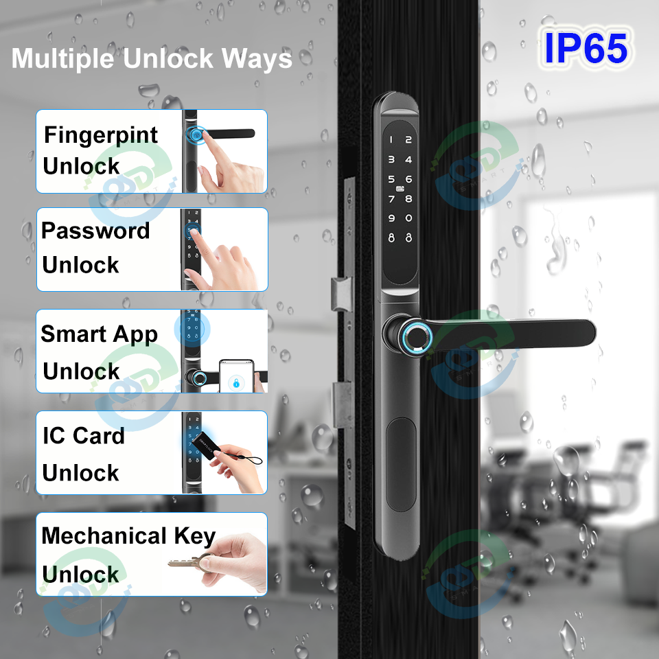 IP65 Waterproof TTLock App Electronic Slim Smart Door Lock Digital Fingerprint Aluminum Lock for Sliding Gate Door