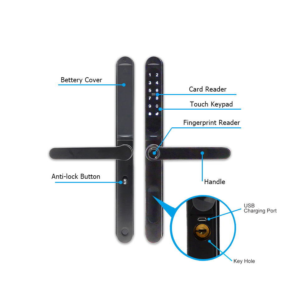 IP65 Waterproof TTLock App Electronic Slim Smart Door Lock Digital Fingerprint Aluminum Lock for Sliding Gate Door