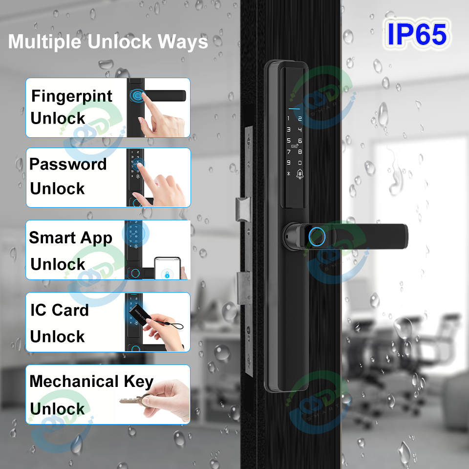 Waterproof Outdoor Biometric Fingerprint Doorlock Handle Glass Aluminum Sliding Door Tuya TTlock WiFi Keyless Smart door locks