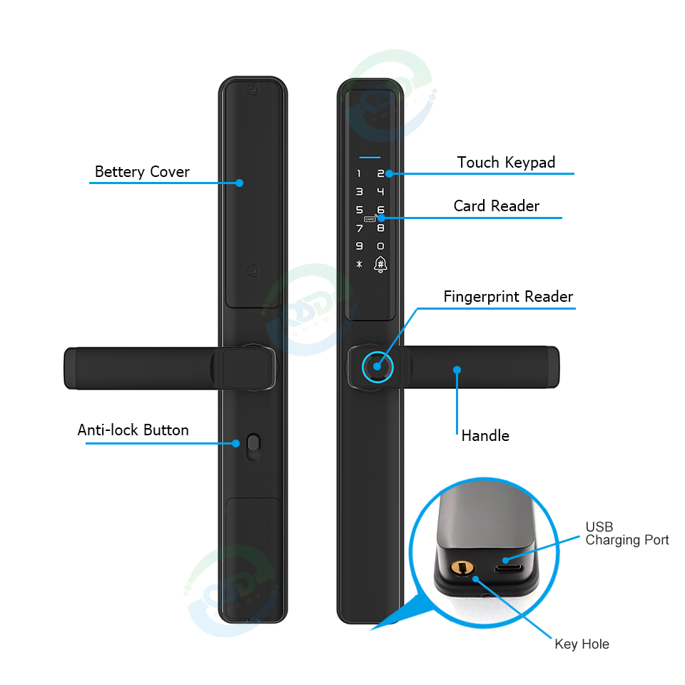 Waterproof Outdoor Biometric Fingerprint Doorlock Handle Glass Aluminum Sliding Door Tuya TTlock WiFi Keyless Smart door locks