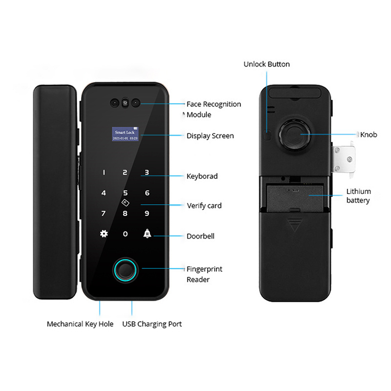 OEM 3D Face Recognition Tuya WiFi App Glass Door Lock Digital Fingerprint RFID Smart Card Keyless Security Lock for Office