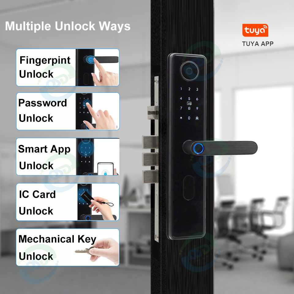 Tuya Wifi App Camera Cat Eye Smart Door Lock Biometric Fingerprint Digital Door Viewer Handle Smart Lock with Screen