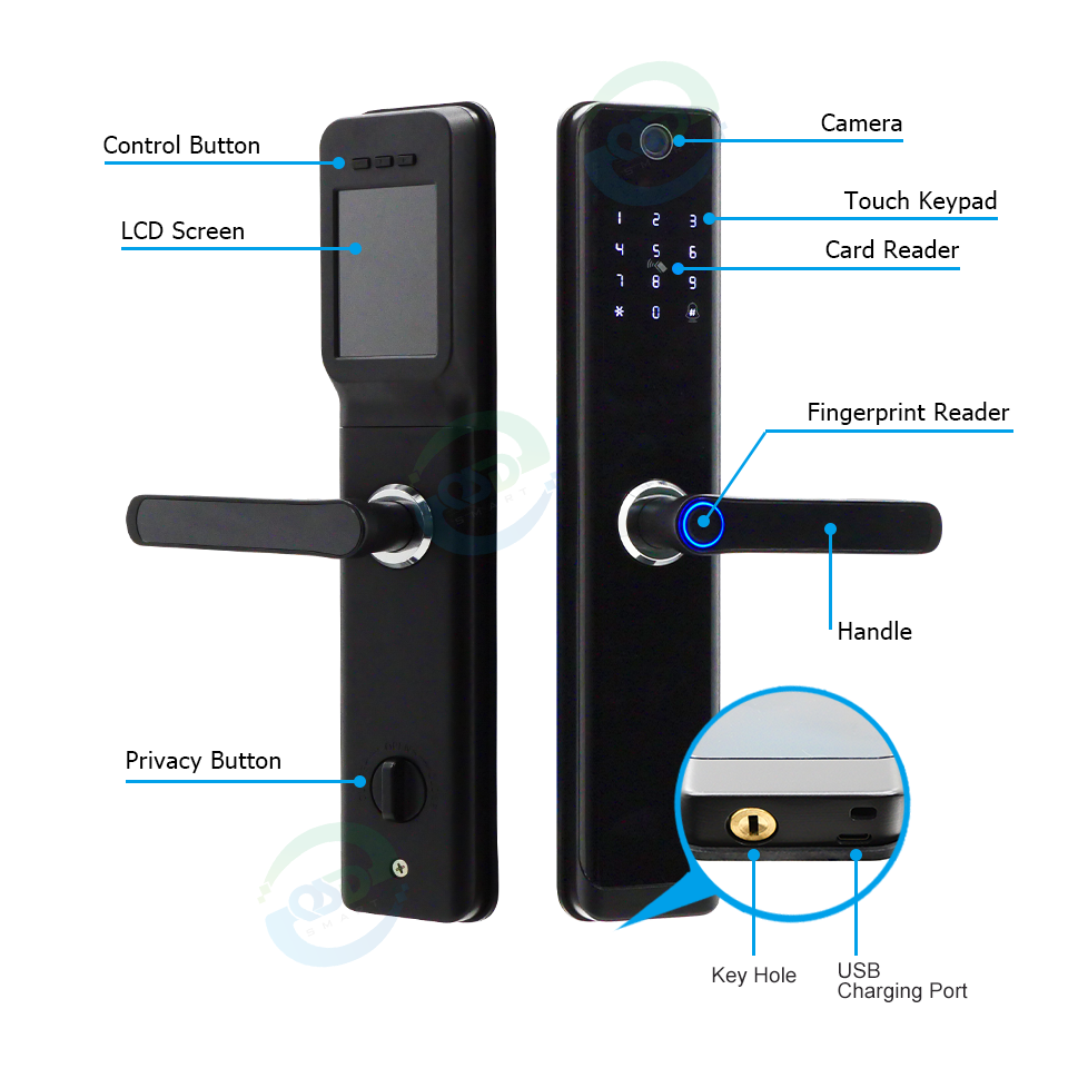 Outdoor Smart Fingerprint Digital Safe Door Lock for Home Electronic Keyless Wifi Tuya APP Smart Lock with Camera and Doorbell