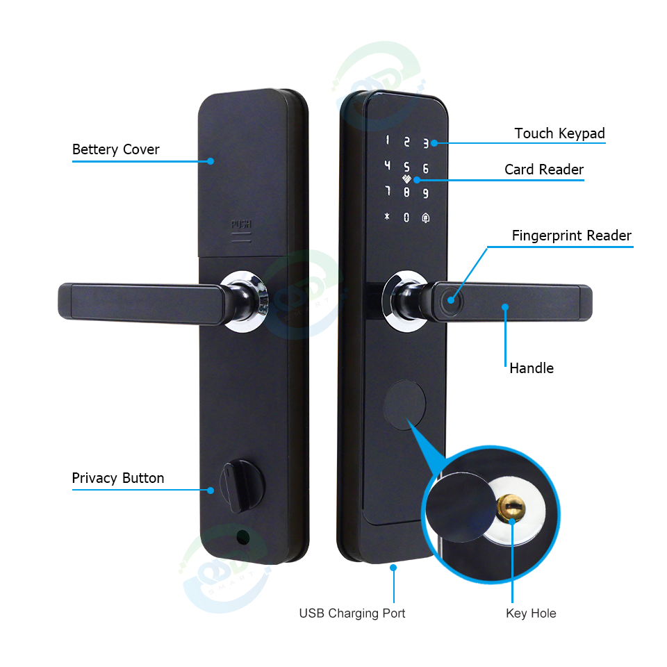 High Class TT Smart Lock WiFi USB Recharge Front Door Lock Set Keyless RFID Card Fingerprint Digital TTlock Tuya WiFi Door Locks