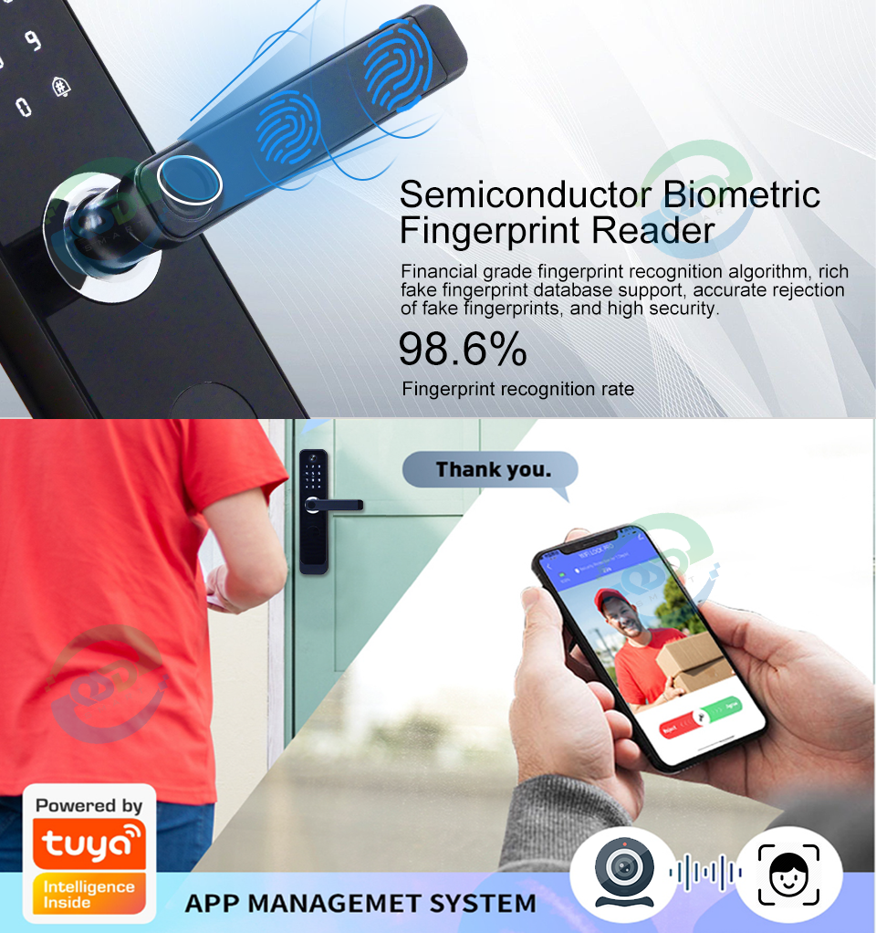 Waterproof fingerprint door lock handle with camera wifi tuya app electronic digital biometric Keyless smart lock for front door