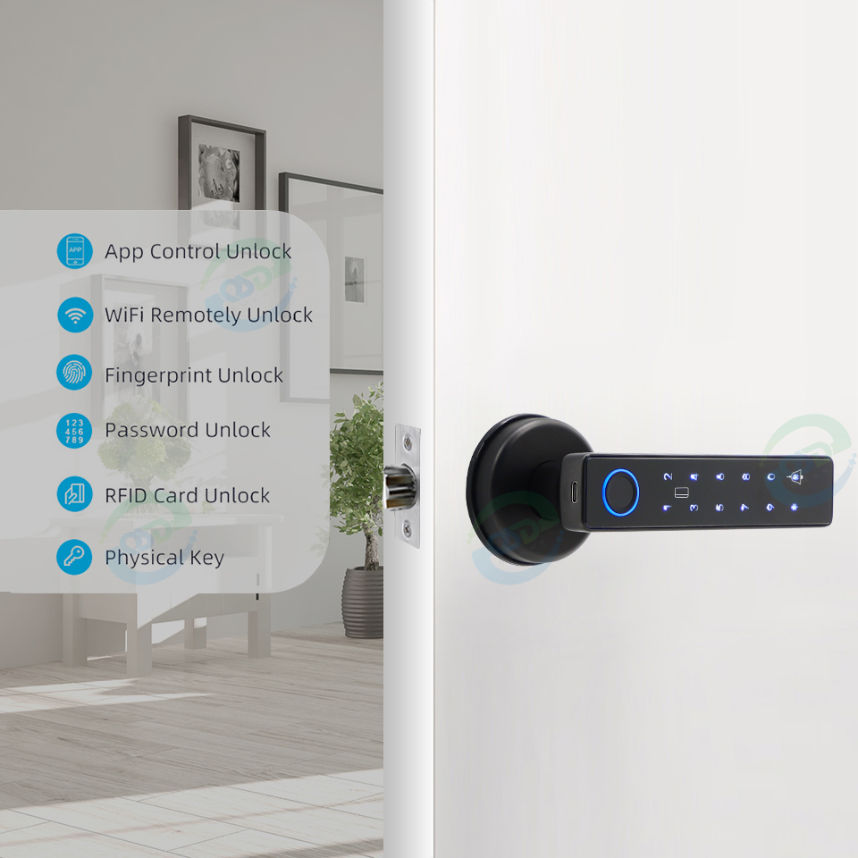 Intelligent Keypad Fingerprint Sensor Integrated Handle Lock Tuya App Control Apartment Room RFID Access Smart Level Lock