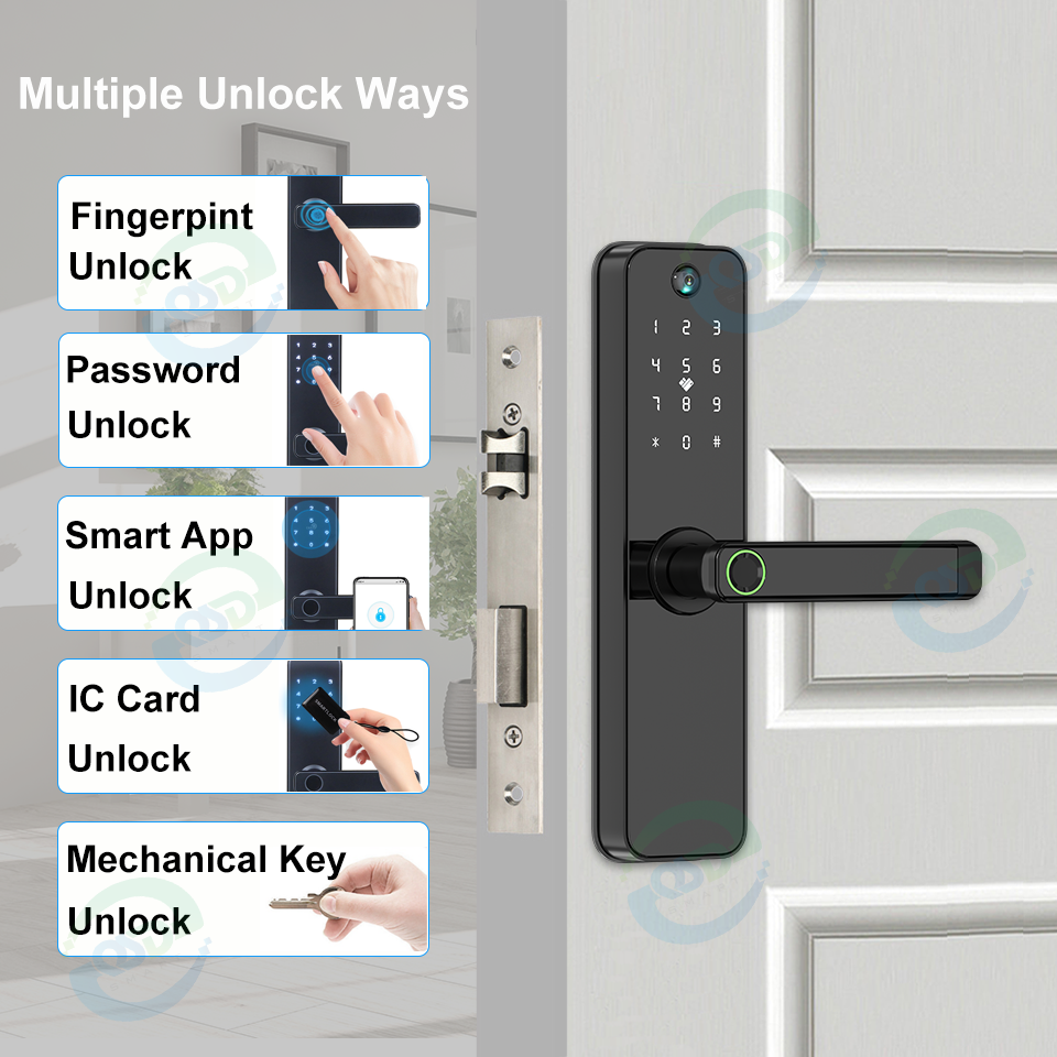 Tuya Cerradura Inteligente WiFi Smart Handle Doorlock Electronic RFID Password Fingerprint Keyless Digital Door Lock with Camera