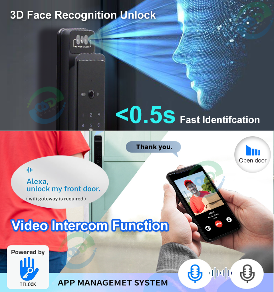 WiFi Video Intercom Face Door Lock with Camera Real-time Monitoring Digital Fingerprint TTlock 3D Face Rrecognition Smart Lock