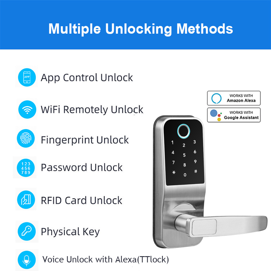 Waterproof Home Security Digital Door Lock Knobs with TTlock App Password NFC Card Biometric Fingerprint Keyless WiFi Smart Lock