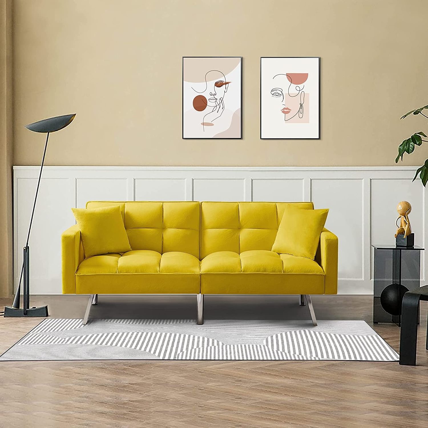 Modern Living Room Twin Size Arms 2 Pillows Tuft Futon Couch Convertible Loveseat Reclining Leisure Sofa