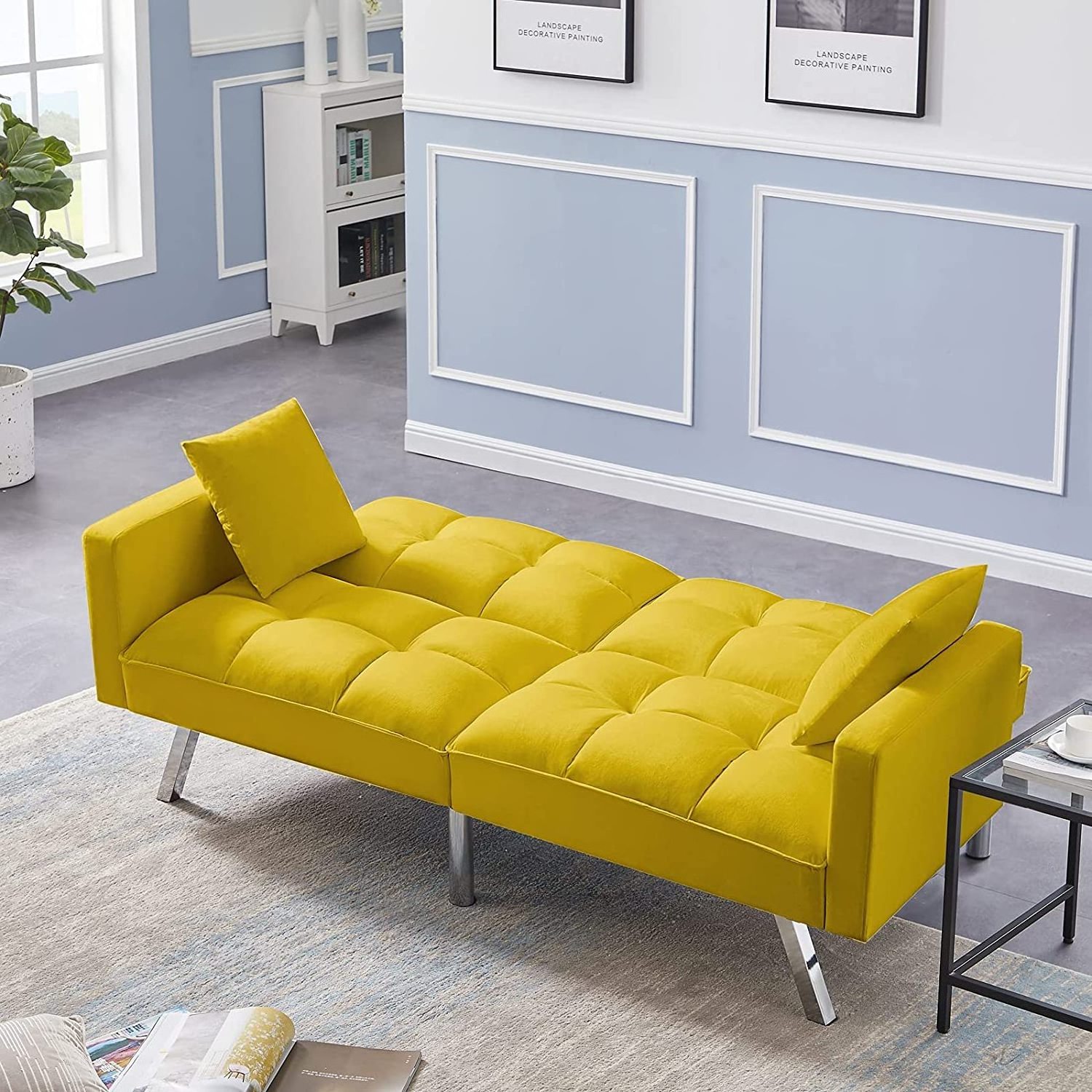 Modern Living Room Twin Size Arms 2 Pillows Tuft Futon Couch Convertible Loveseat Reclining Leisure Sofa