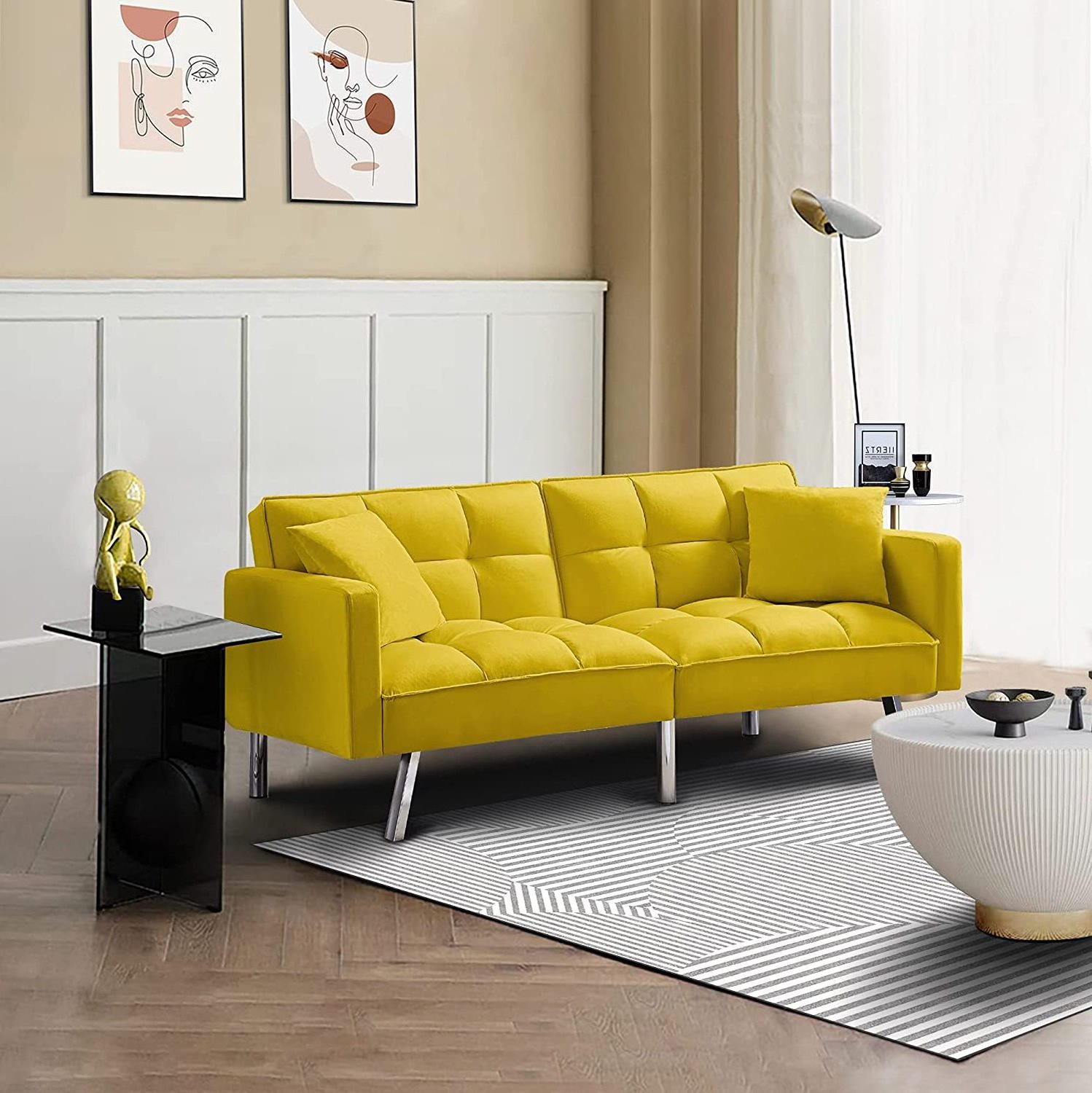 Modern Living Room Twin Size Arms 2 Pillows Tuft Futon Couch Convertible Loveseat Reclining Leisure Sofa