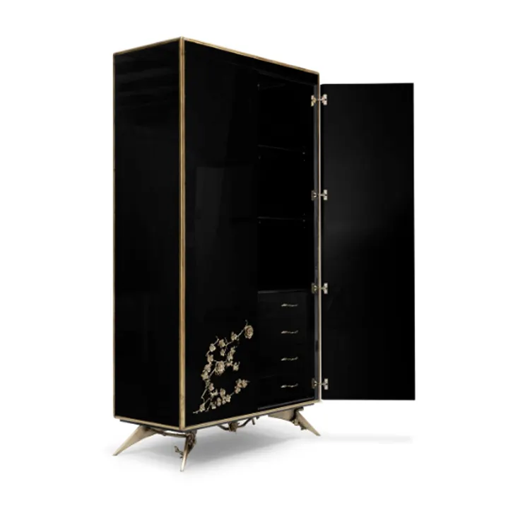 Chinese style living room cabinet furniture bronze foot plum blossom decoration antique wooden square wine cabinet