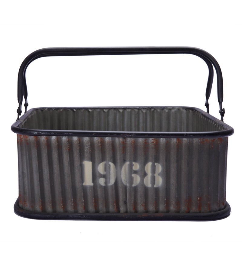 Galvanized Tool Caddy With Antique Design Home And Garden Black Colour Metal Rod Handle Shelving Unit