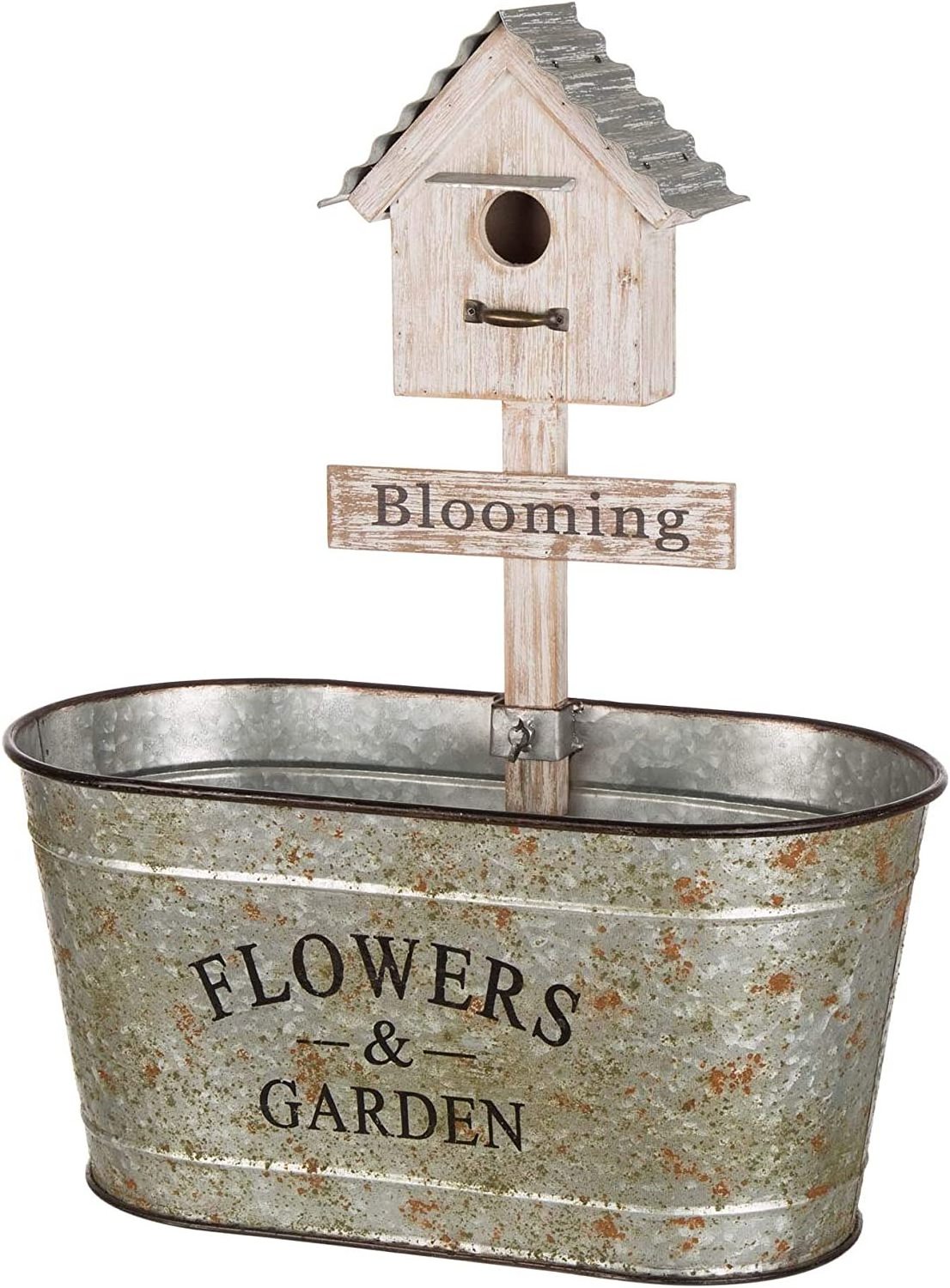 Rustic Garden Flower Stand Farmhouse Metal Planter with Birdhouse Decor 24.5in H Cute Plant Flower Holder Distressed Plant Stand