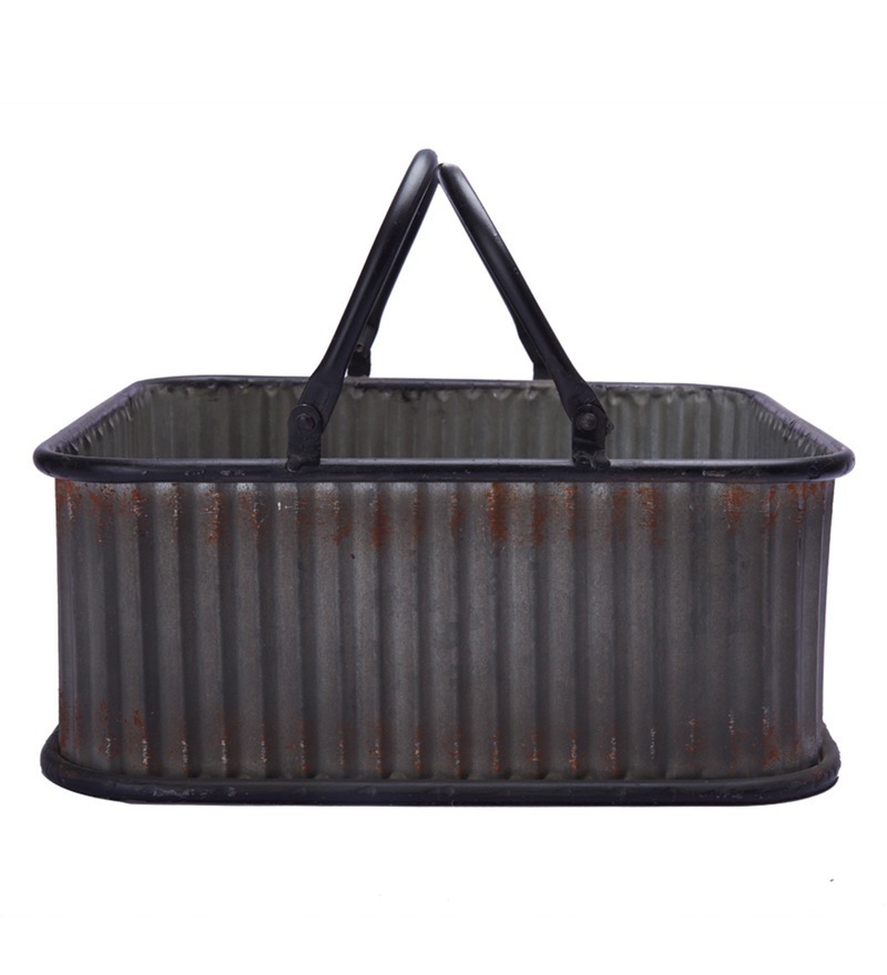 Galvanized Tool Caddy With Antique Design Home And Garden Black Colour Metal Rod Handle Shelving Unit