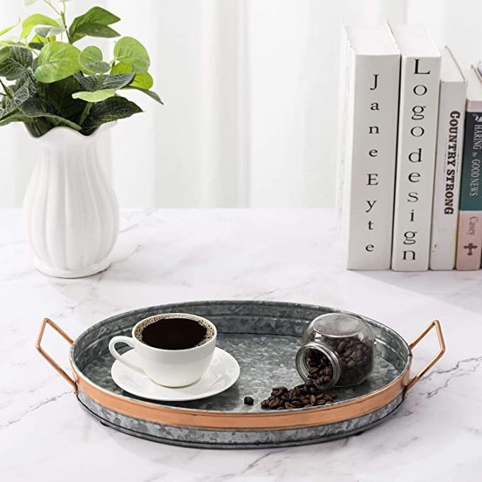 Galvanized Metal Serving Tray Handles, Farmhouse Tray with Copper Strip, Decorative Centerpiece for Coffee Table