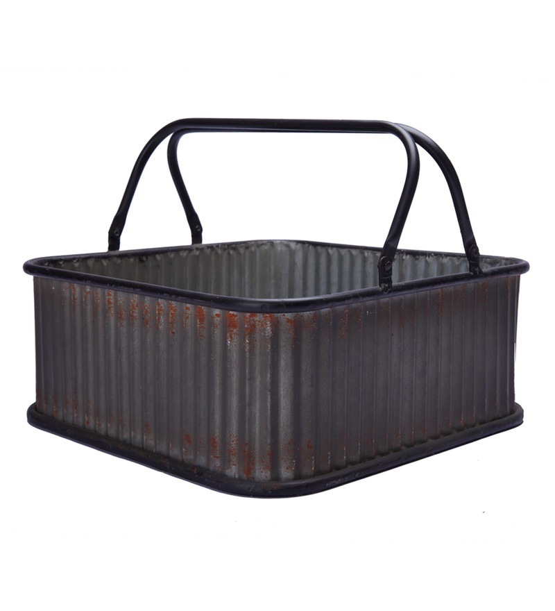 Galvanized Tool Caddy With Antique Design Home And Garden Black Colour Metal Rod Handle Shelving Unit