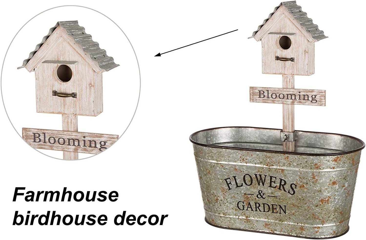 Rustic Garden Flower Stand Farmhouse Metal Planter with Birdhouse Decor 24.5in H Cute Plant Flower Holder Distressed Plant Stand