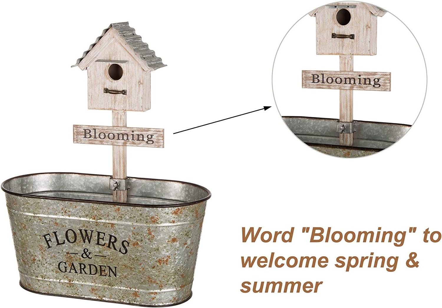 Rustic Garden Flower Stand Farmhouse Metal Planter with Birdhouse Decor 24.5in H Cute Plant Flower Holder Distressed Plant Stand