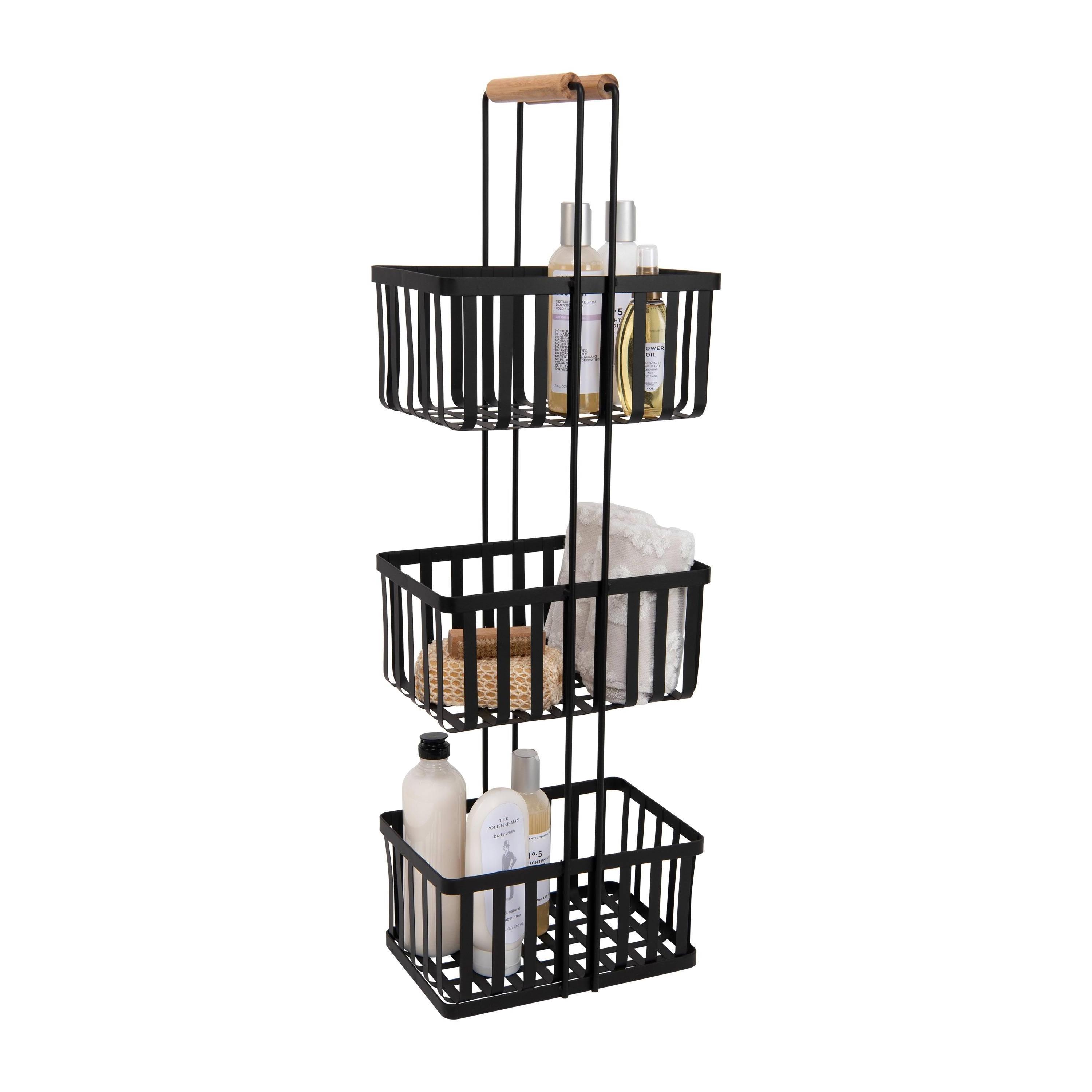 Bathroom Caddy hanging bathroom shower 3 Tier Metal Spa Tower with Bamboo Handles in Black Iron