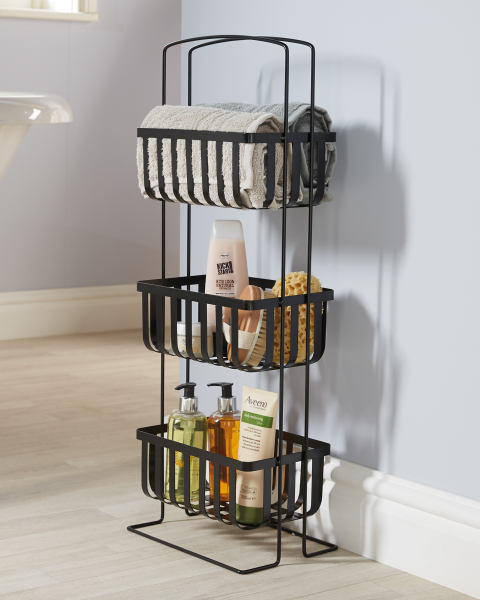 Bathroom Caddy hanging bathroom shower 3 Tier Metal Spa Tower with Bamboo Handles in Black Iron