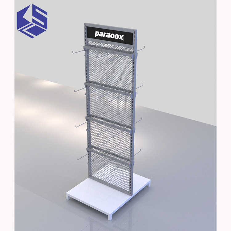 Custom Wooden Metal Acrylic Freestanding Double Sided Supermarket Shelf Display Rack With Hooks And Baskets