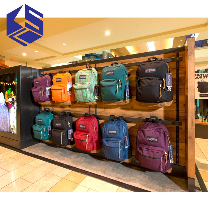 Modern shop decoration wooden backpack display stand for sale