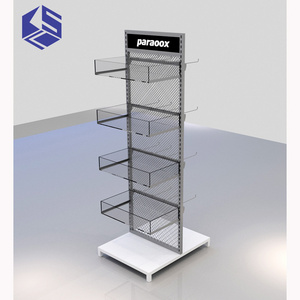 Custom Wooden Metal Acrylic Freestanding Double Sided Supermarket Shelf Display Rack With Hooks And Baskets