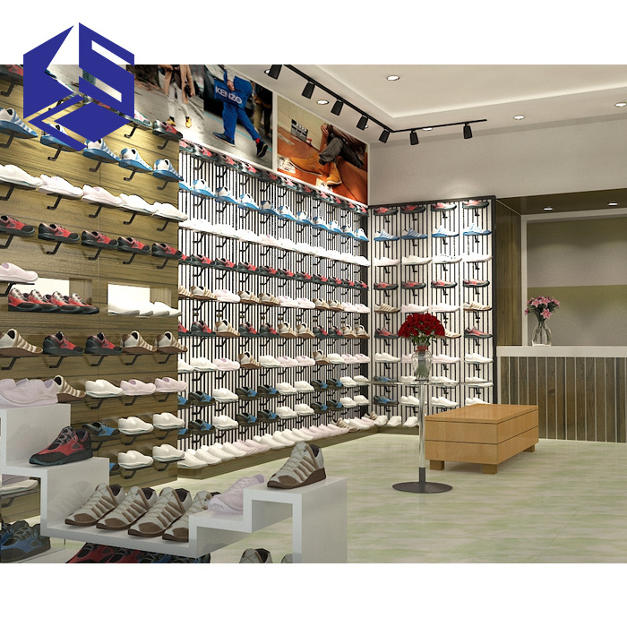 Commercial shoes store equipment shoe display case wall mounted sport shoe display furniture shelf design for sale