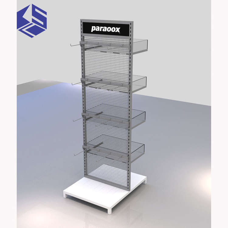 Custom Wooden Metal Acrylic Freestanding Double Sided Supermarket Shelf Display Rack With Hooks And Baskets