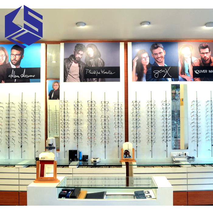 High quality sunglasses shop furniture design wall mounted wooden glasses display stand used optical display cabinets